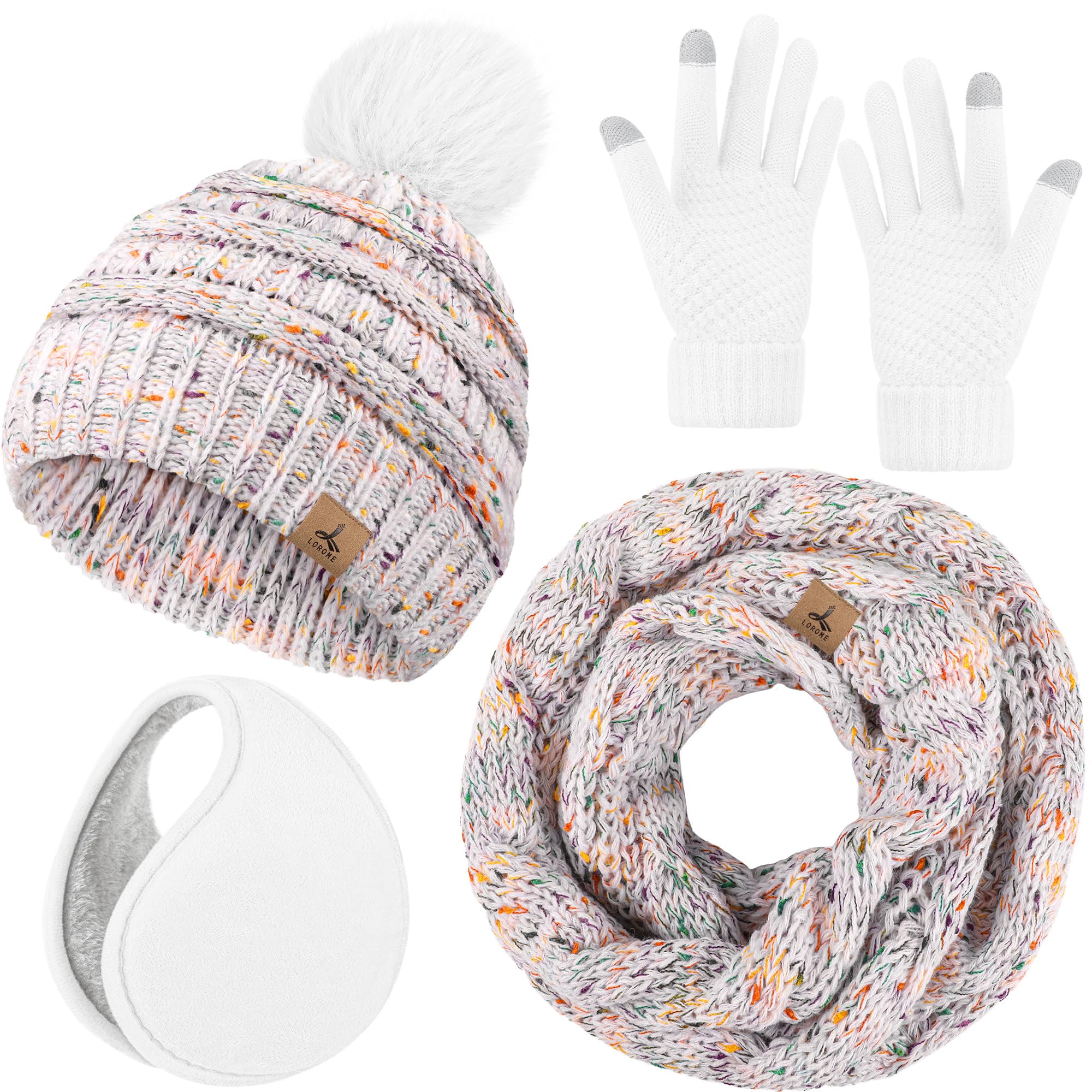 Winter Hat Scarf Gloves and Ear Warmer, Warm Knit Beanie Hat Touch Screen Gloves Set Winter Gifts Neck Scarves for Women